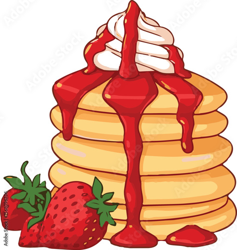 Whimsical illustration of a stack of golden brown pancakes with syrup drizzle