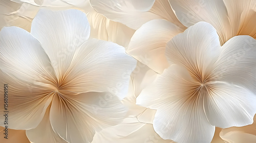 Abstract nature texture: delicate flower petals and veined transparent leaves in neutral beige tones for botanical backgrounds, wallpapers, or organic designs.