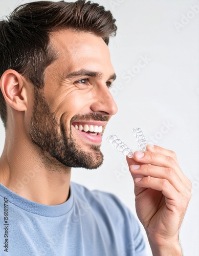 Happy Man Holding Clear Teeth Aligners Perfect Smile.