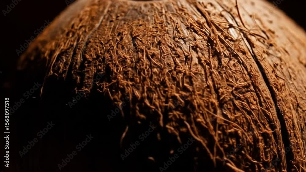Close up cinematic exploration of textured coconut shell surface under warm lighting showcasing