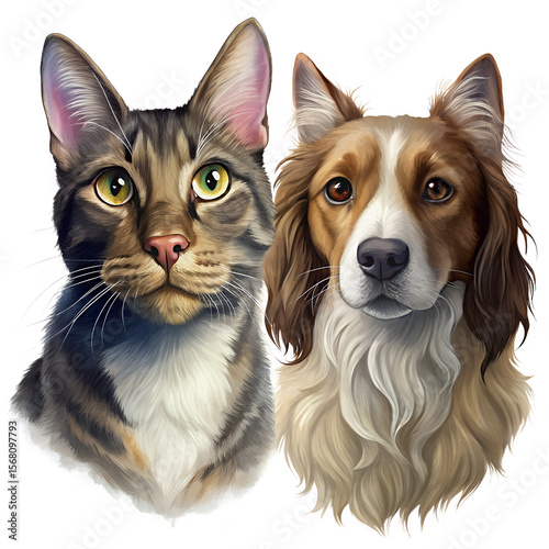  a dog Russian Spaniel and cat Scottish Straight isolated on white background