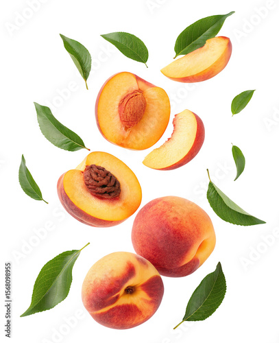 Fresh peaches background with peach slices and leaves for summer fruit and healthy eating concept