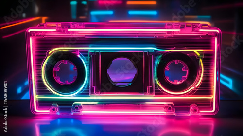 Neon-lit cassette tape evoking 90s nostalgia, retro music player for background designs, vintage themes, and cultural projects.