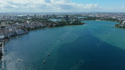 aerial view of the city of Mombasa, Kenya and the Indian Ocean - 4K