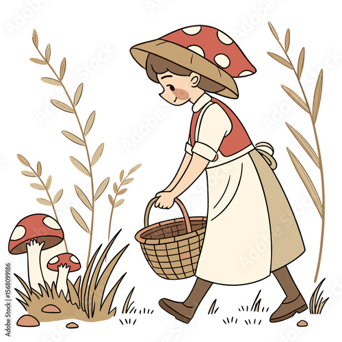Mushroom Picker With Basket girl walking
