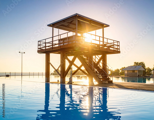A diving platform towering over still blue water of an empty competition pool under soft afternoon sunlight.