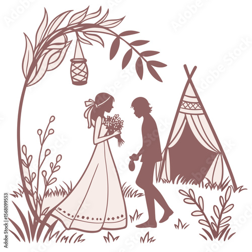 Romantic couple under floral arch with teepee wedding