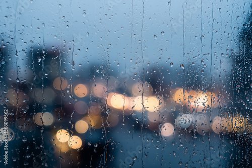 Rain-covered glass window with dense droplets and city lights in cool evening tones Generative AI