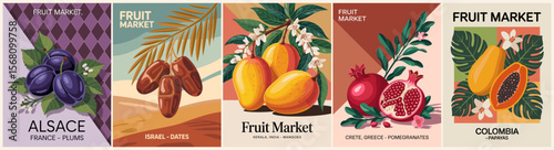 Set of Fruit market retro posters with mango, papaya, plums, pomegranate, date fruits. Kitchen wall art. Colorful vector illustrations