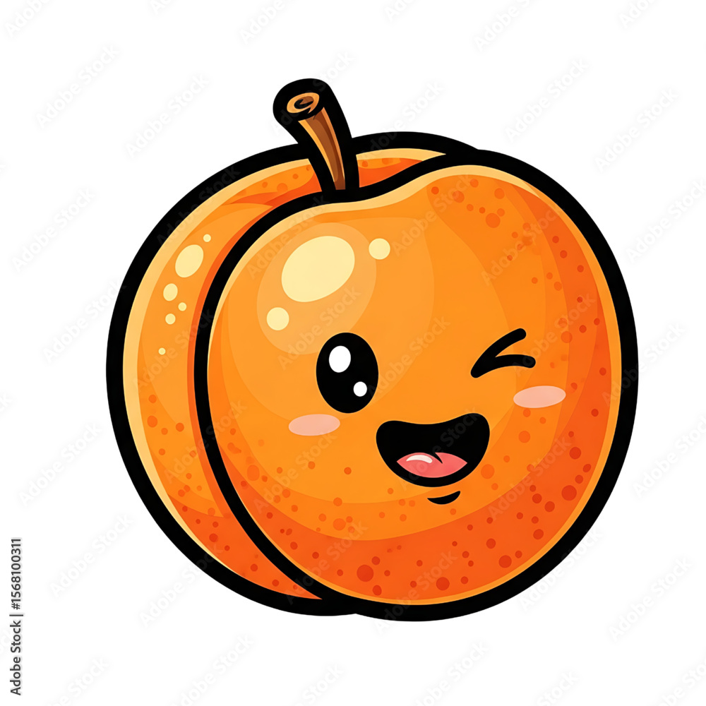 Obraz premium Happy Winking Peach Cartoon Character Illustration, Cheerful Peach Fruit with a Cute Wink, Vibrant Cartoon Peach Mascot for Healthy Eating.