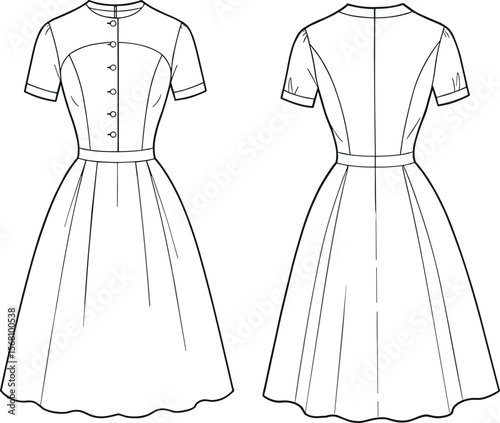 cad drawing flat vector illustration, women fit and flare dress technical fashion sketch, front and back view design template