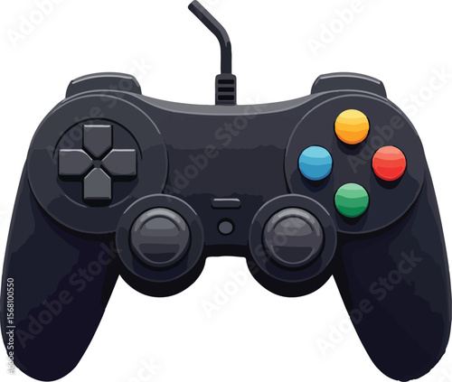 Black Wired Game Controller; Modern, Minimalist Design; Gaming Technology Stock Photo
