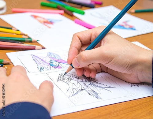Person drawing anime characters