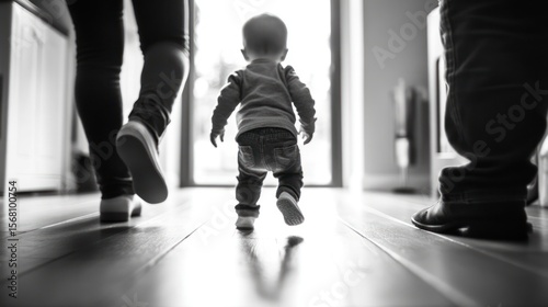 A grayscale family portrait. A baby taking first steps