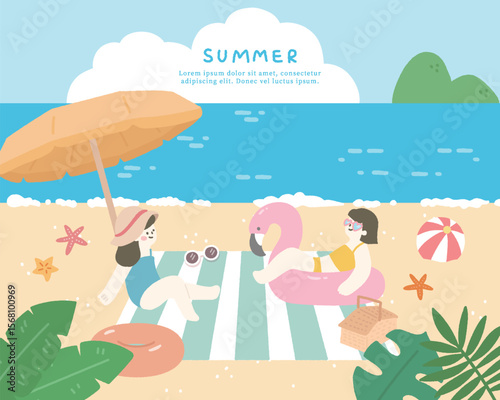 Hand drawn summer template background on the beach with people and leaves.
