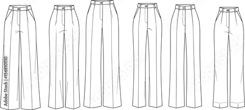 cad drawing flat vector illustration, women high waist wide leg pants technical fashion sketch, front view template design