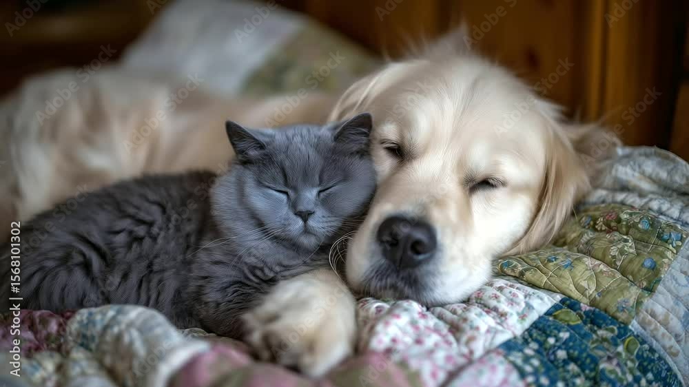 custom made wallpaper toronto digitalBritish Shorthair cat resting peacefully between the paws of a Golden Retriever, the dog looking directly into the camera with soulful eyes