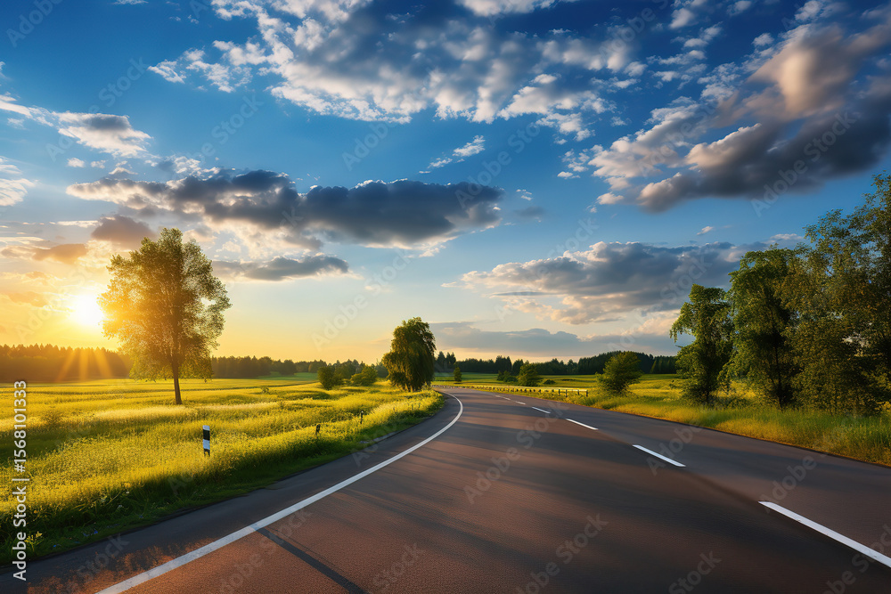 Naklejka premium Asphalt road through idyllic countryside under a clear blue sky