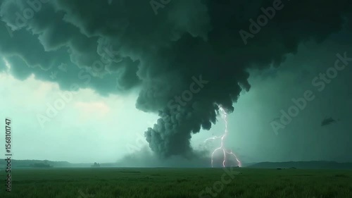 Massive dark tornado cloud spirals above a flat plain as lightning strikes in the distance, illustrating severe weather, danger, and natural disaster power.