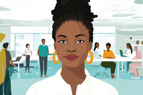 African woman with cornrows leading a virtual team meeting on a screen with diverse coworkers, clean office environment vector illustration