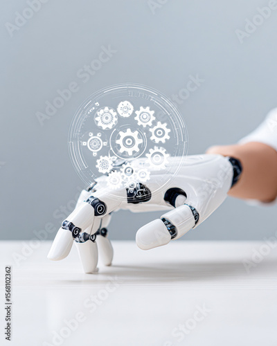 A robotic hand interacts with a digital hologram of mechanical gears, symbolizing technology and automation.