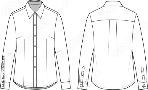 Long sleeve button-up shirt cad flat vector with front and back views, technical fashion sketch for garment design illustration.