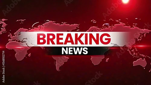 Dynamic red breaking news intro with global digital map animation and glowing headline text for TV broadcast, news channel, alert or urgent news coverage.