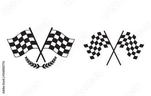 Black and white checkered flags with laurel wreath racing flag finish line