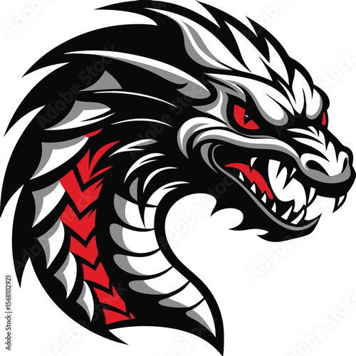 Wallpaper Mural Fierce Dragon Head Illustration – Bold Black, White & Red Design Torontodigital.ca