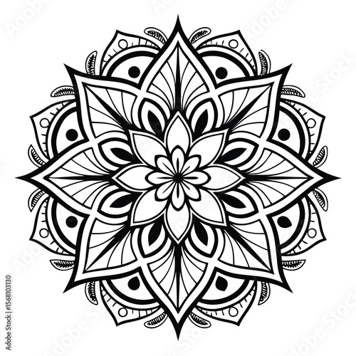 Intricate mandala art with a captivating symmetrical design, a unique pattern perfect for coloring books and creative projects.