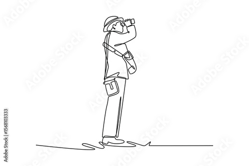 Aircraft spotter searches the sky with binoculars during the Battle.  world war concept. Single line draw design. Vector graphic illustration