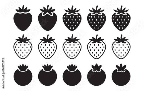 Black and white fruit icons strawberry blueberry