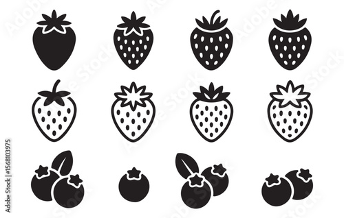 Black and white icons of strawberries and blueberries strawberry blueberry