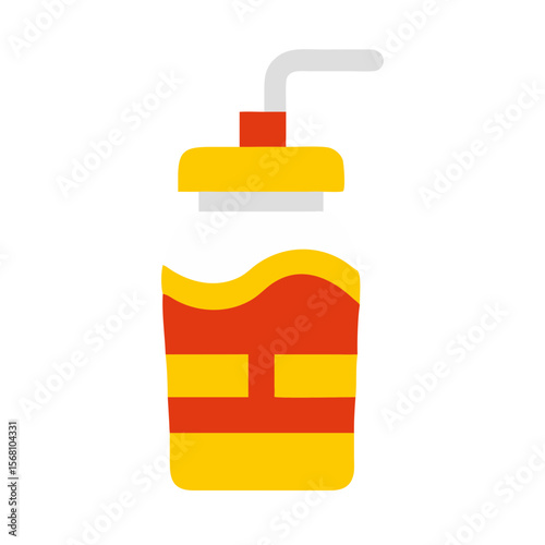 Soft drink bottle with straw in red and yellow design  