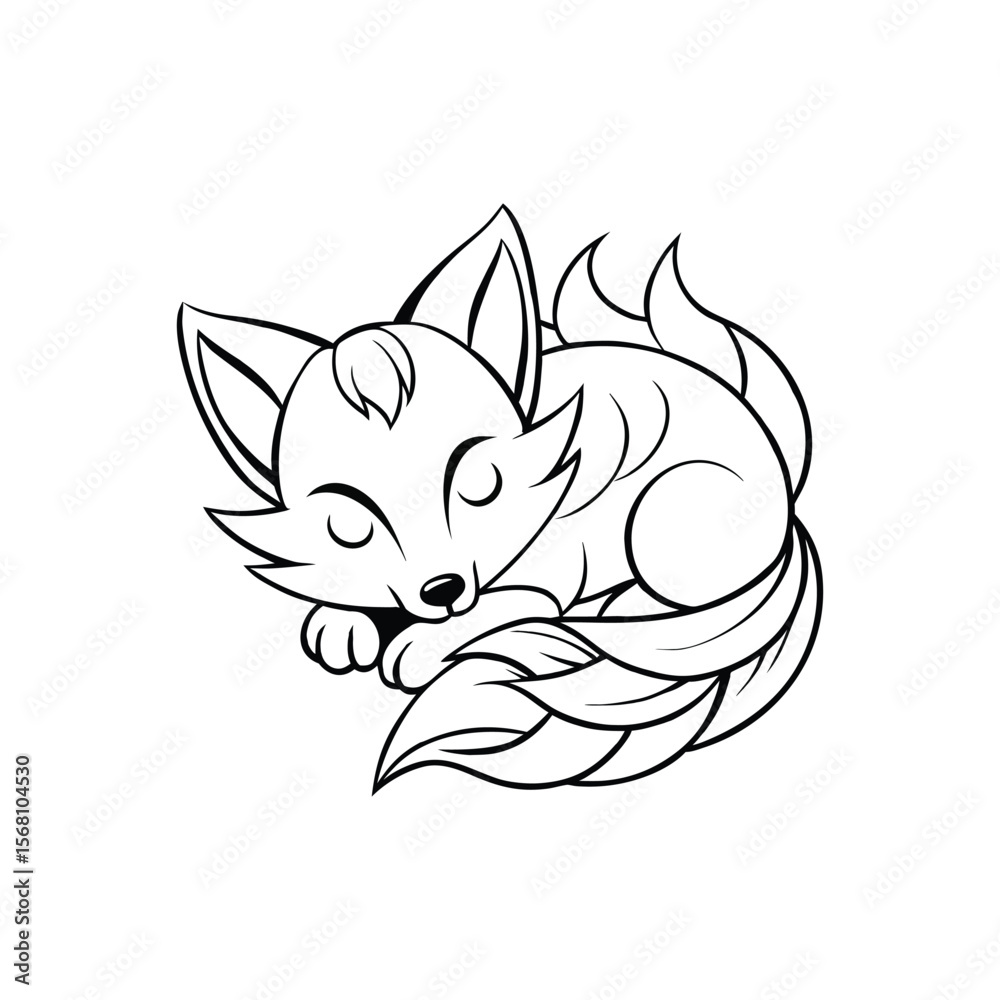 Obraz premium Adorable Sleeping Fox Kit Illustration Line Art Design
