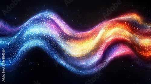 Abstract digital artwork featuring luminous, undulating waves composed of shimmering, pixelated particles. The vibrant spectrum of blue, pink, purple, and orange against a dark
