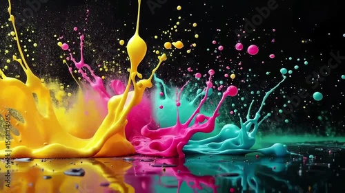 Vibrant liquid colors explode mid-air in ultra slow motion, revealing stunning details of pigments colliding, mixing and creating a bright, abstract scene.