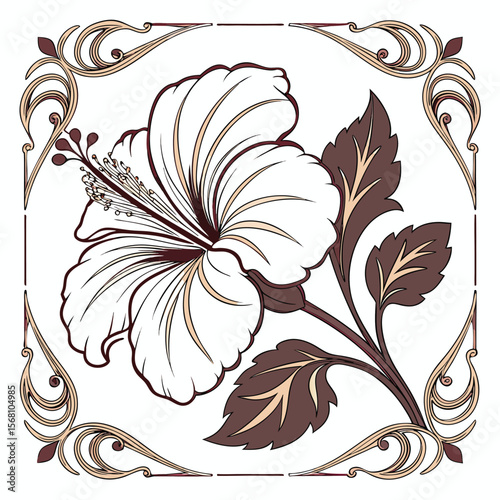 Vintage hibiscus flower illustration in elegant Art Nouveau style with border