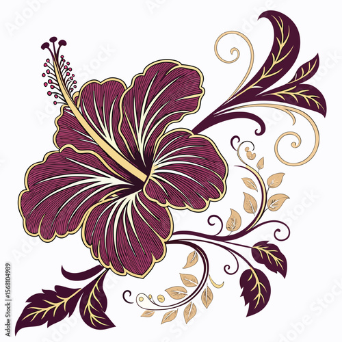 Vintage hibiscus flower illustration in elegant Art Nouveau style with border