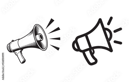 Black and white megaphone icons with sound waves bullhorn loudspeaker