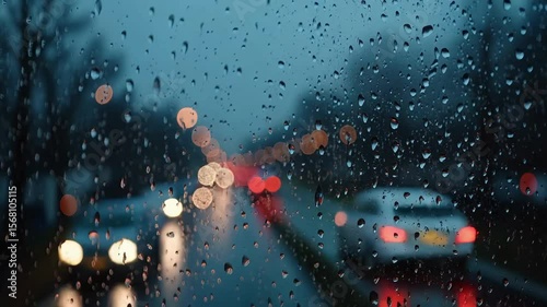 Raindrops fall on a windshield as blurred city lights create dreamy bokeh, evoking a peaceful yet melancholic night drive in a rainy urban landscape.