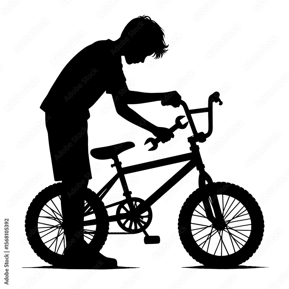 Fototapeta premium Boy fixing bike handlebars