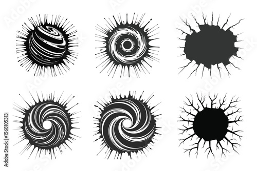 Dynamic black ink shapes collection. Grunge spiral, vortex, explosion burst, and splash graphic elements for design On White Background

