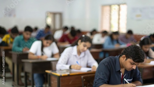 Blurred academic setting with Indian students preparing for competitive examination
