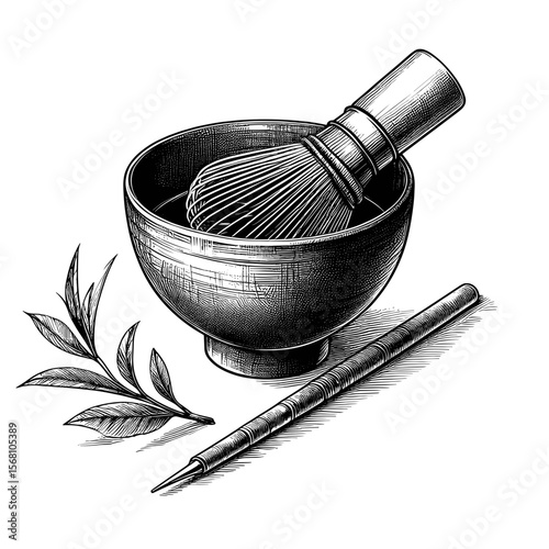 Matcha tea kit in sketch style in black and white for Japanese ceremony