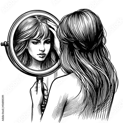 Woman looking in mirror against transparent background