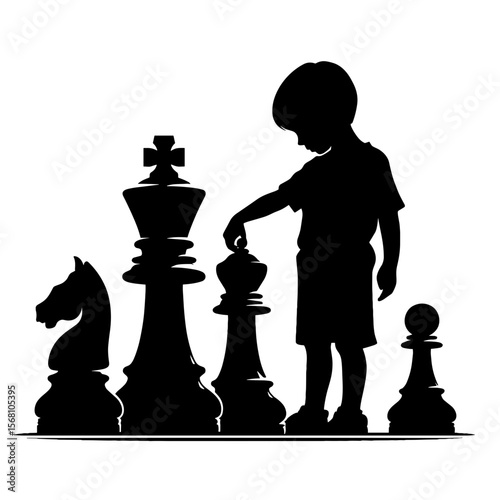 Silhouette child playing with chess pieces