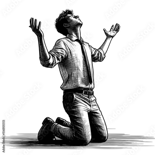 Man kneeling raising his hands indoors