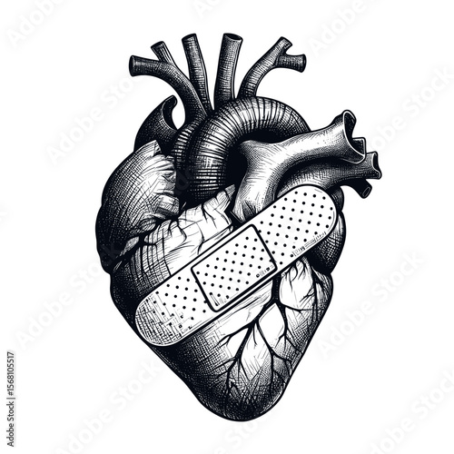 Anatomical heart with bandage sketch in black and white art