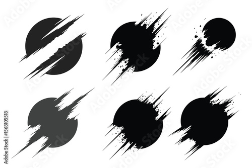 Grunge ink icon set. Abstract explosion, enso circle, vortex spiral, and dynamic letter logo elements On White Bg
